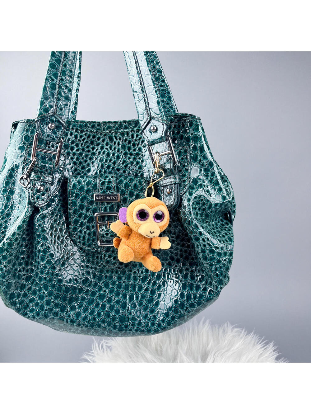 Plush Bag Charm | Upcycled Mini Monkey Keychain, Big Sparkly Eyes